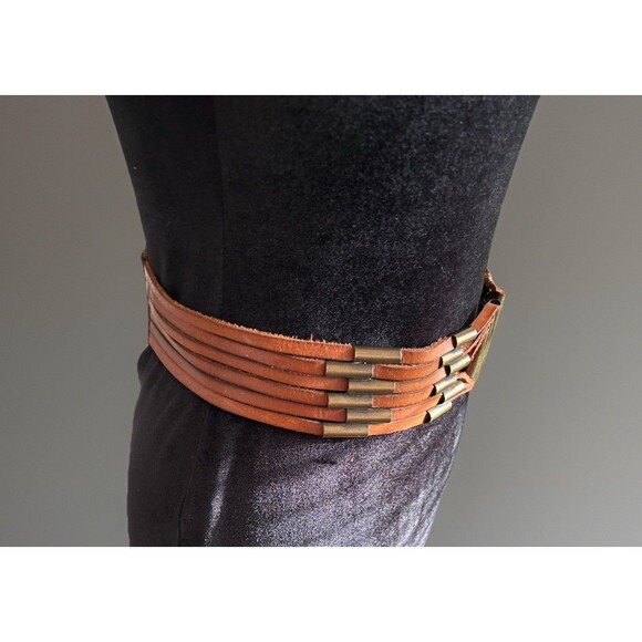 Lucky Penny Leather Belt Brass Beads Back Buckle Size Medium Bohemian - Picture 4 of 7